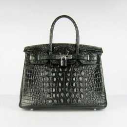 Hermes Birkin 30Cm Crocodile Head Stripe Handbags Black Gold